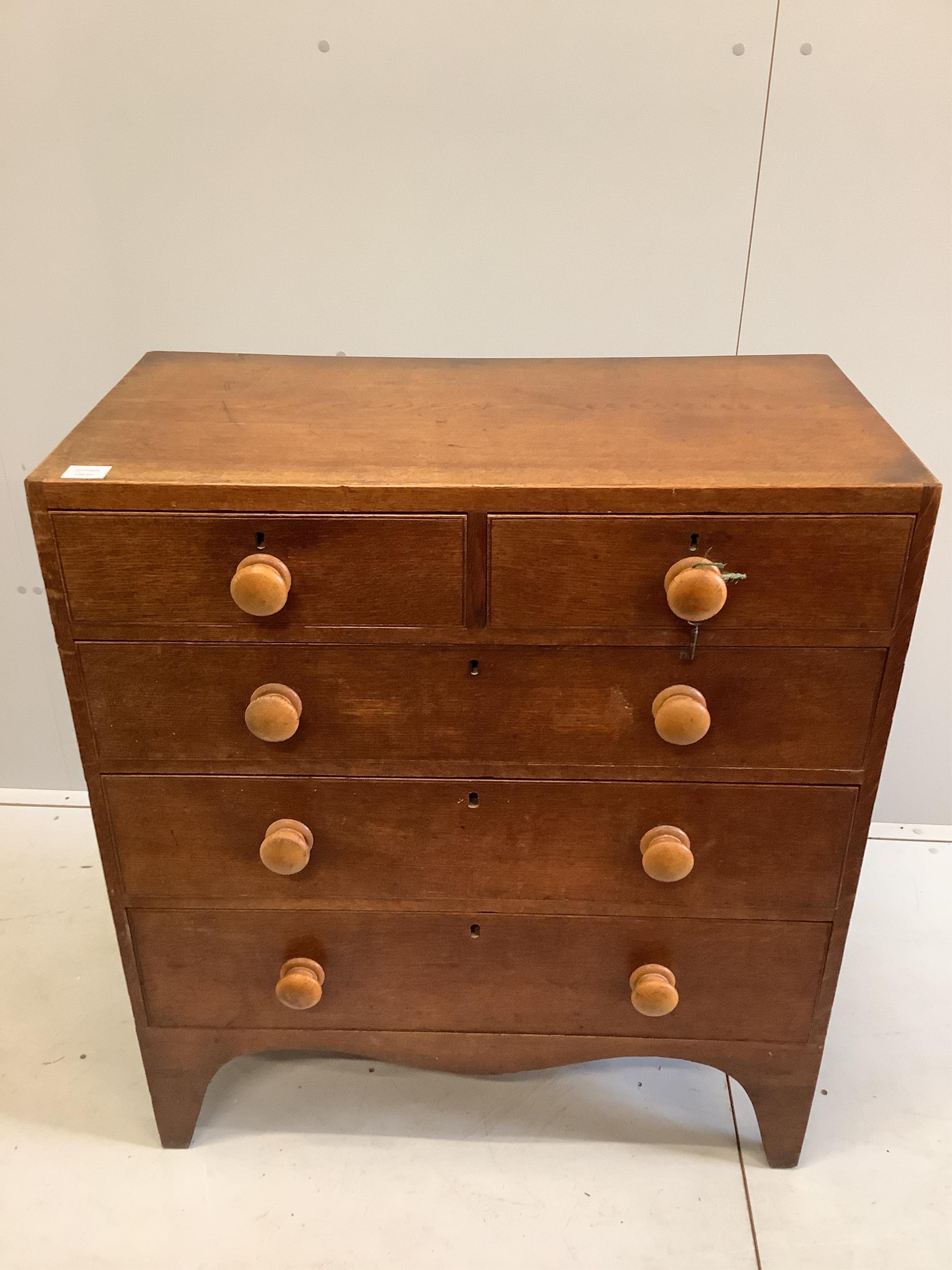 A Regency provincial oak chest of drawers, width 87cm, depth 44cm, height 99cm. Condition - fair